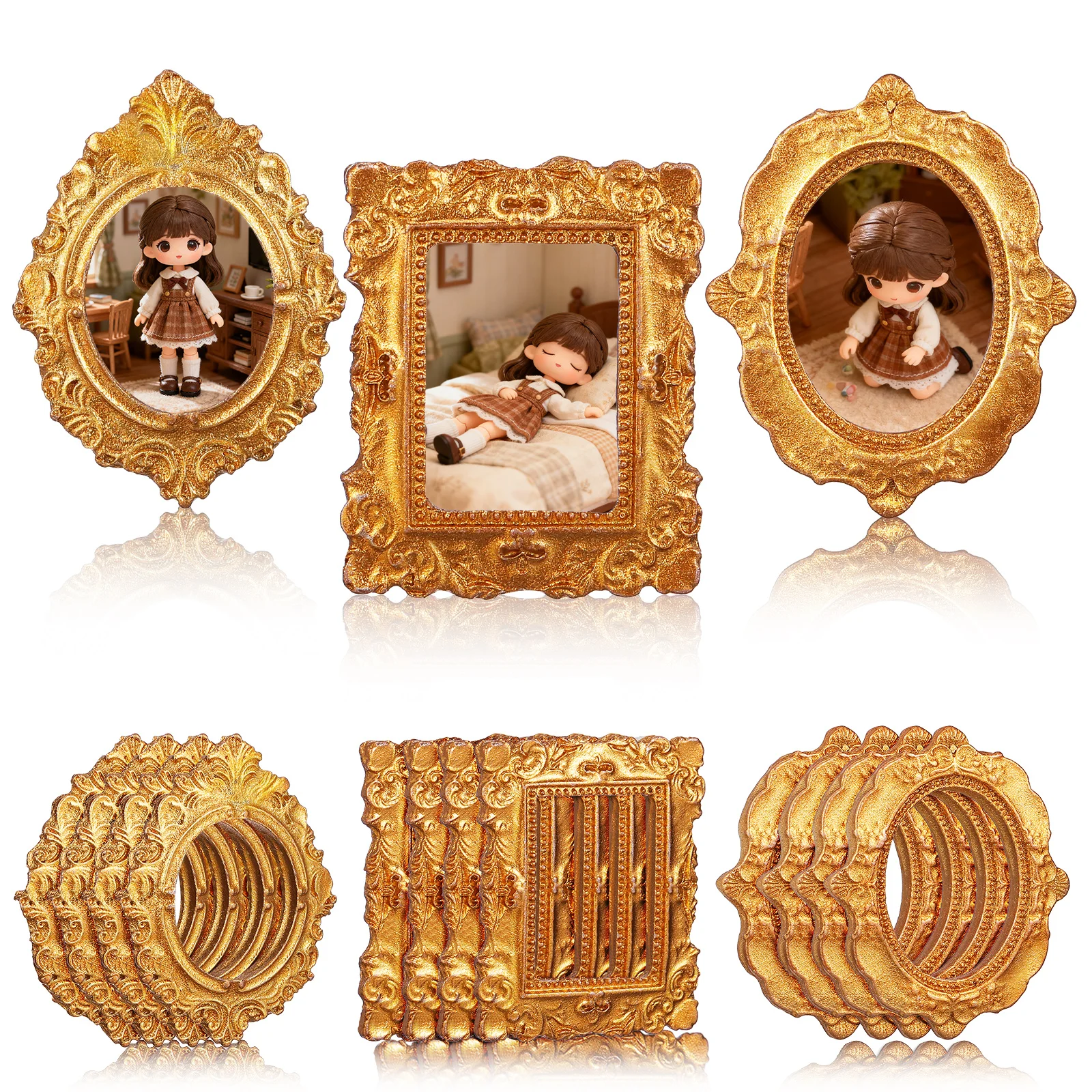 15 Stück Goldene Retro Miniatur-Fotorahmen aus Harz, Mini Engel Ovaler Bilderrahmen, Zubehör für Mini-Häuser, Vintage-Rahmendekoration Image