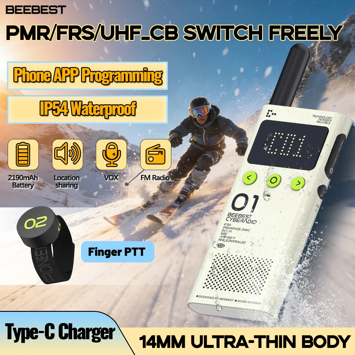 BEEBEST A101OS Lito Walkie-Talkie PMR/FRS/UHF mit einfacher Umschaltung, APP-Programmierung, Finger-PTT, ultradünnes Amateurfunkgerät für Outdoor-Aktivitäten und Skifahren Image
