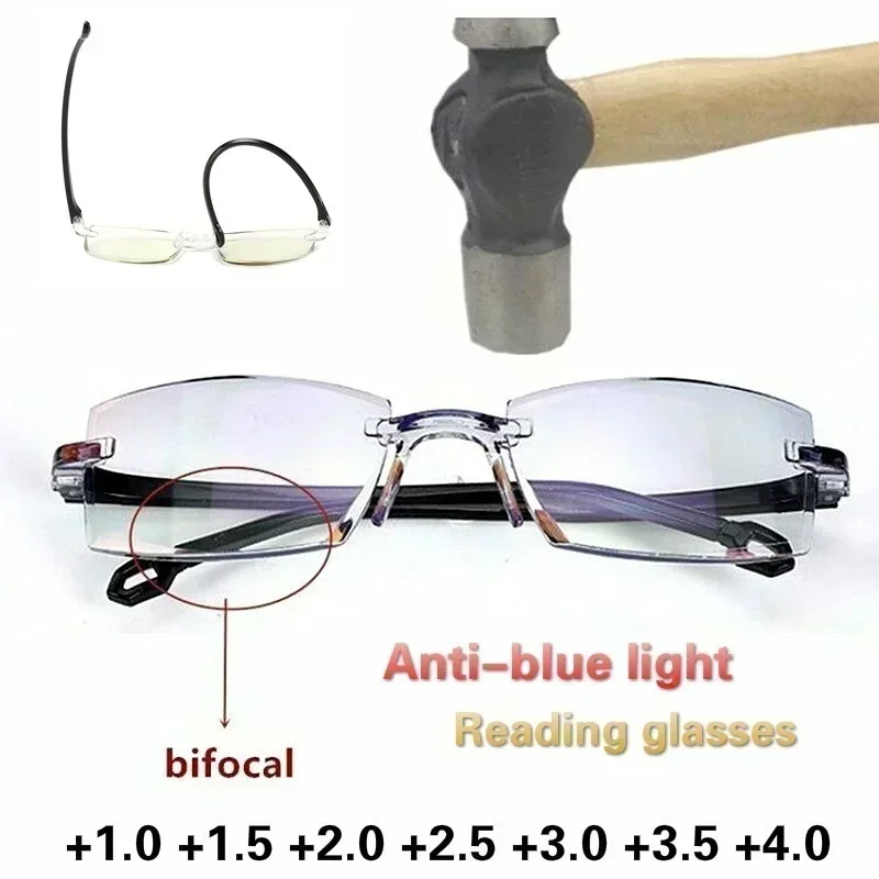 Randlose Lesebrille für Männer und Frauen, Anti-Blaulicht-blockierende bifokale Fern- und Nahbrille, presbyopische Plano-Brille, 0 ~ + 4,0 Image