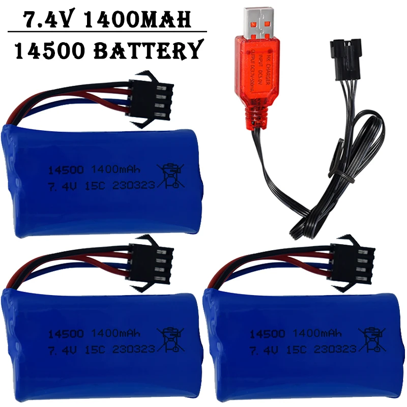 7,4 V 1400 mAh 14500 Lithium-Ionen-Akku/mit SM4P-Stecker/USB-Ladegerät für Wasserpistole RC LKW Schiff Hubschrauber Spielzeugbatterie Zubehör Image
