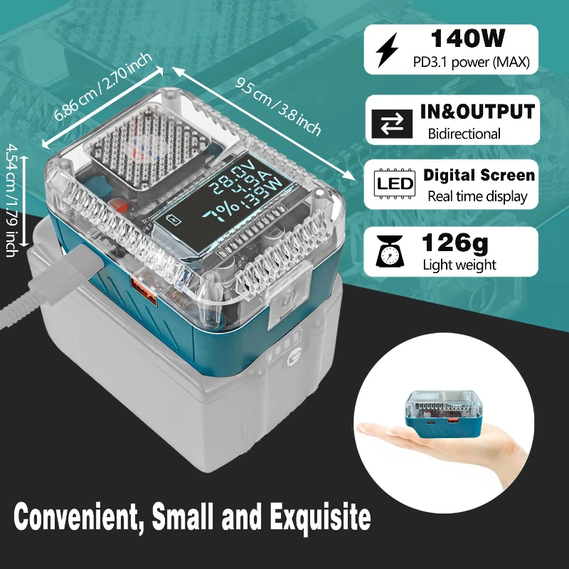 Digitalanzeige-Adapter, USB-Typ-C-Netzteil, 140 W PD3.1 Li-Ionen-Akku-Adapter, Konverter für Makita Li-Ionen-Akku-Ladegerät Image