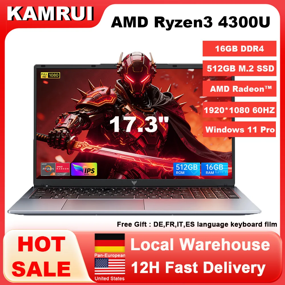 KAMRUI Laptop 17,3 Zoll Ultra-Slim AMD Ryzen 3 4300U 16GB DDR4 512GB M.2 SSD Max 3,7GHz Radeon 4K 1920P FHD Win11pro Wifi5 Notebook Image