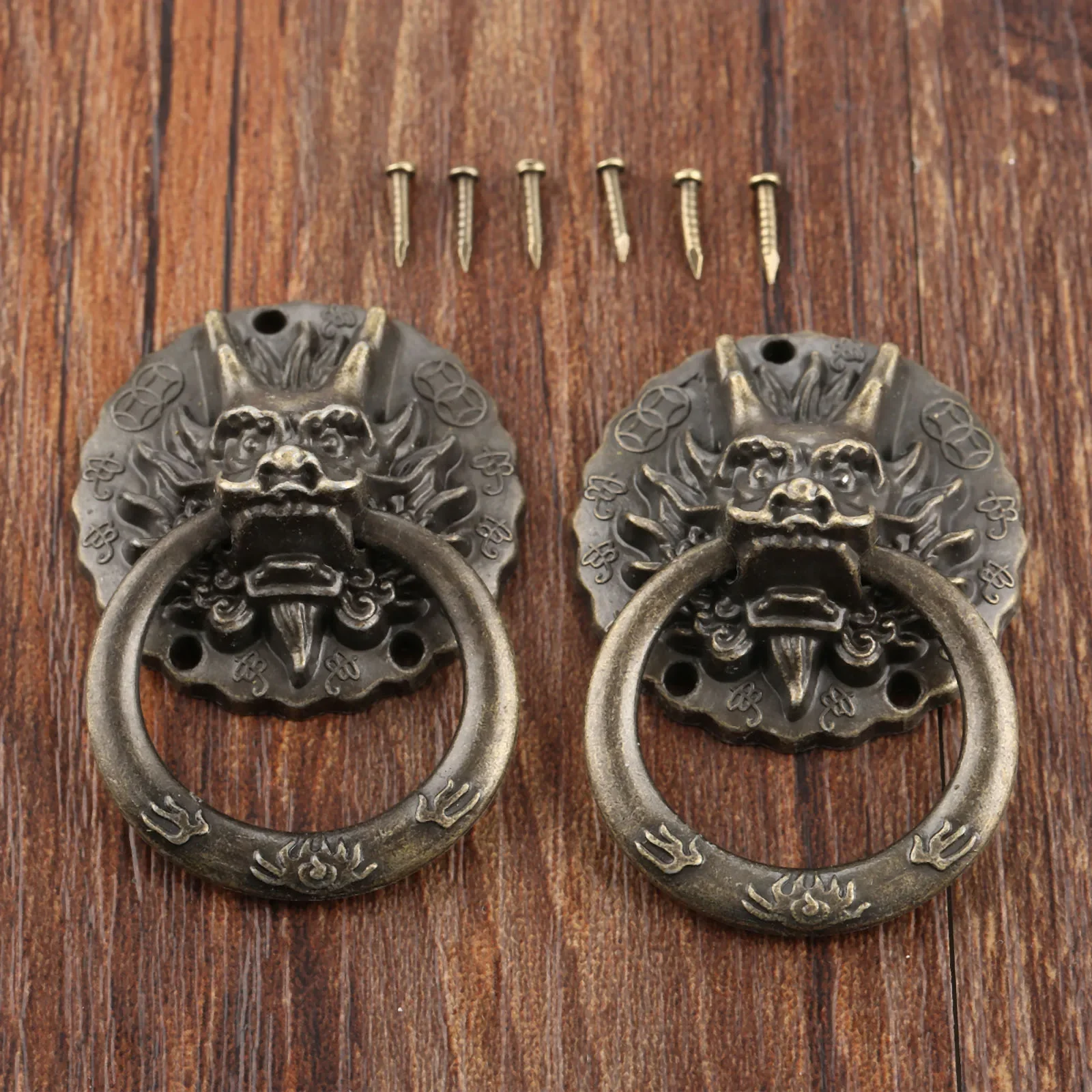 2 Stück antike Bronze-Drachenkopfgriffe im alten chinesischen Stil, Vintage-Griffe, Ring für Kommode, Schublade, Schranktür, 32 x 47 mm
