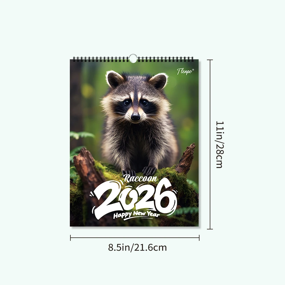 1 Stück 2026 Wandkalender, Waschbär-Thema, Wildtier-HD-Bilder, 12 wunderschöne Designs, perfektes Geschenk für Geburtstage, Weihnachten, Neujahr Image