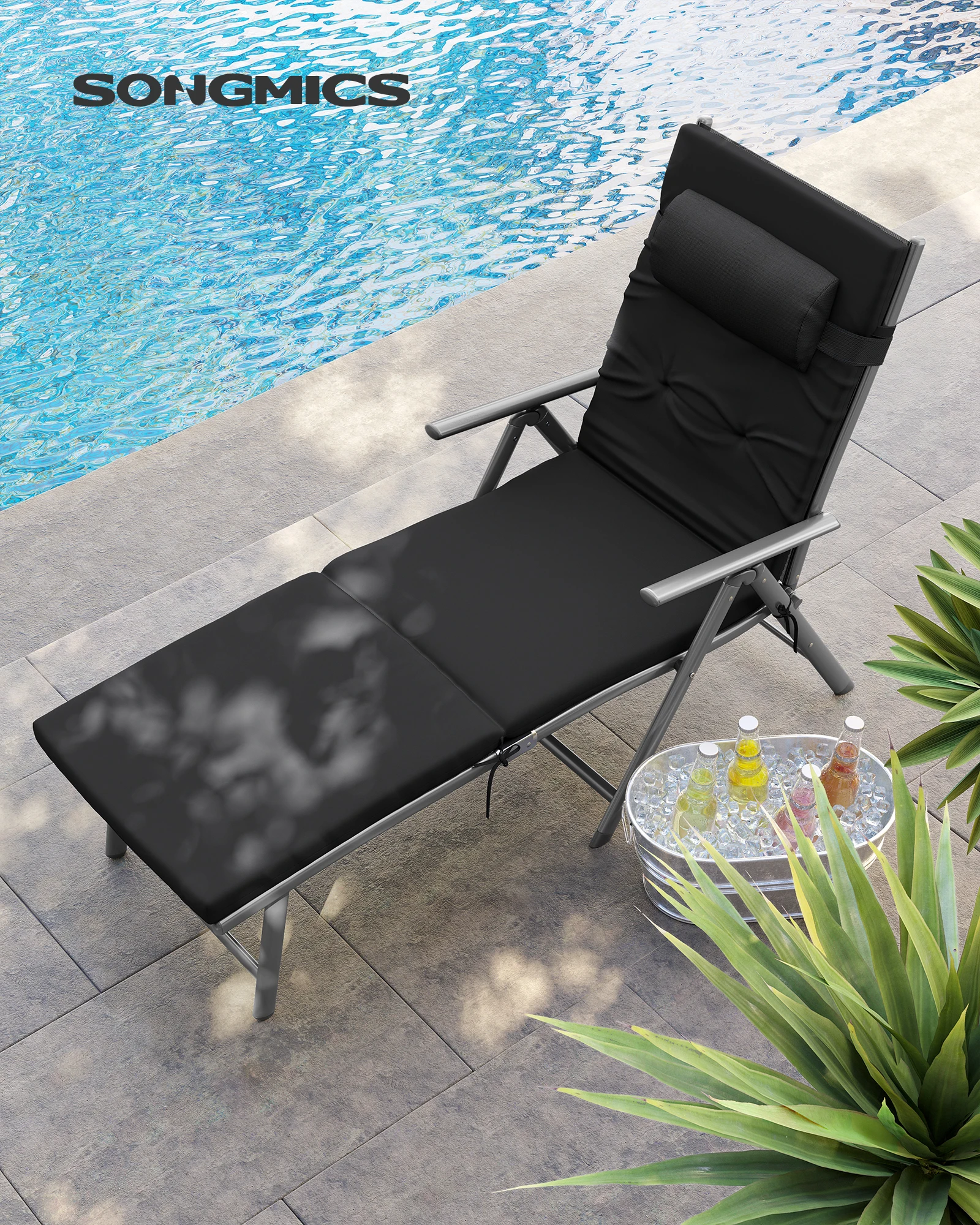 SONGMICS Sonnenliege,klappbar,abnehmbares Kopfkissen, aus rostfreiem Aluminium,atmungsaktiv,Verstellbar,bis 150 kg belastbar