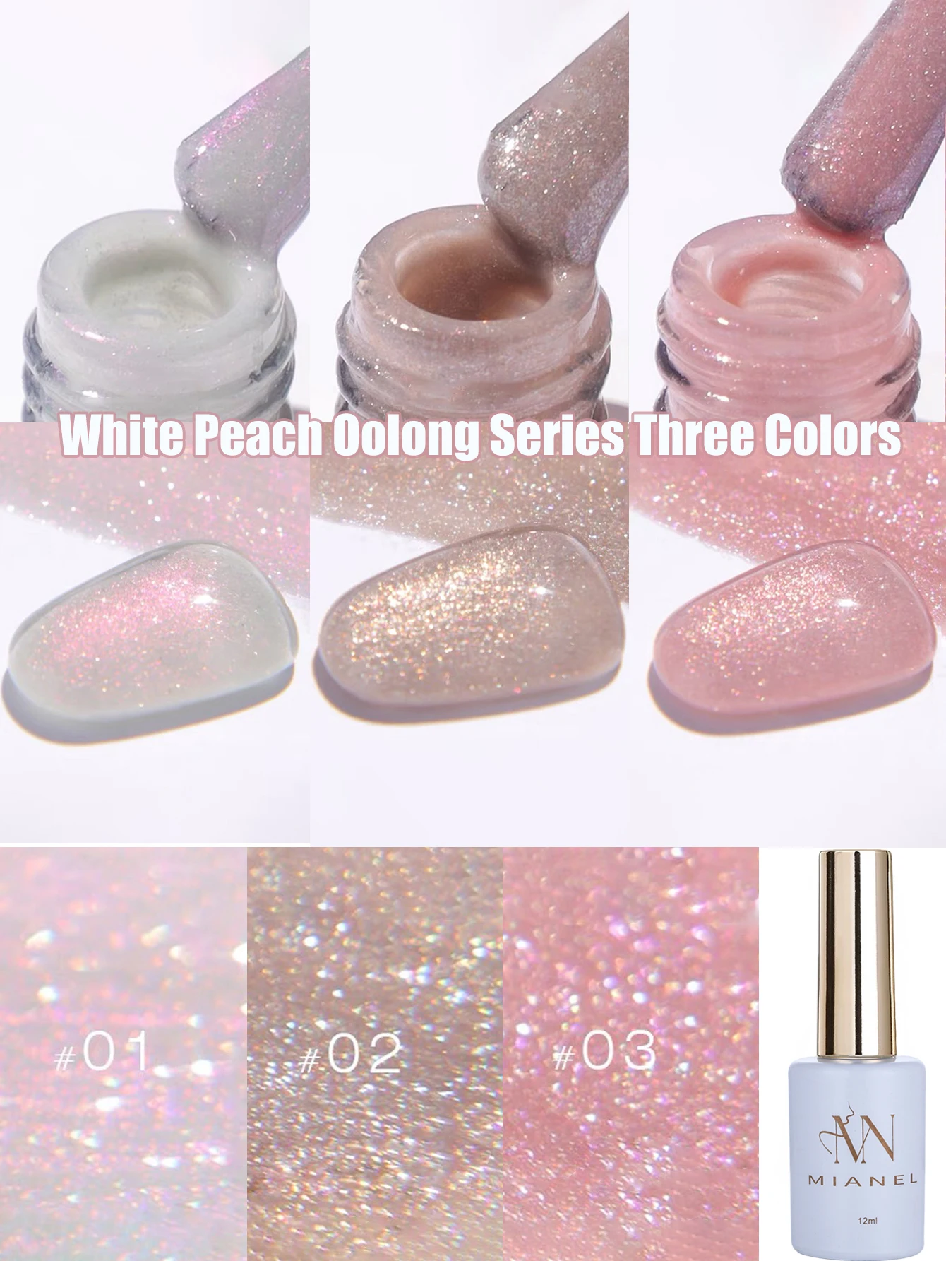 MIANEL 12ml Weißer Pfirsich Oolong 3-Farben-Serie Diamant-Gel-Nagellack Explosiver Glitzer-Nagellack Gel Rosa Nägel 1-12 Stück Image