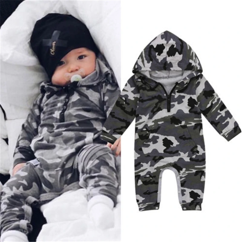 0-24M Baby Junge Mit Kapuze Junge Camouflage Strampler Neugeborenen Baby Camo Lange Hülsenspielanzug Infant Overall Jungen Outfit warme Frühling Herbst Image