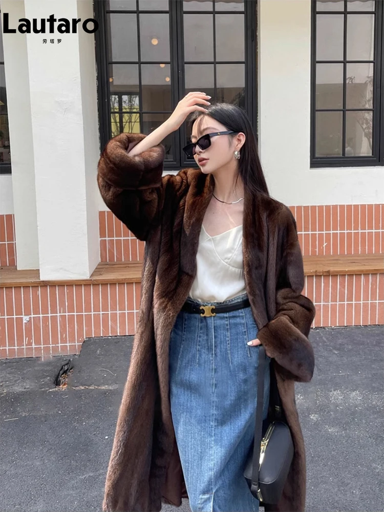 Lautaro Winter Lange Vintage Elegante Luxus Chic Dicke Warme Weiche Braun Flauschigen Faux Nerz Pelzmantel Frauen V-ausschnitt Pelzigen Mantel 2023
