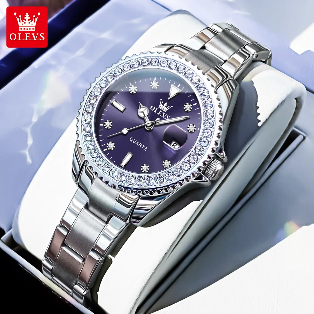 OLEVS 9945 Damenuhren, elegant, lila, volles Diamant-Zifferblatt, massiver Edelstahl, automatisches Datum, wasserdichte Quarzuhr für Damen