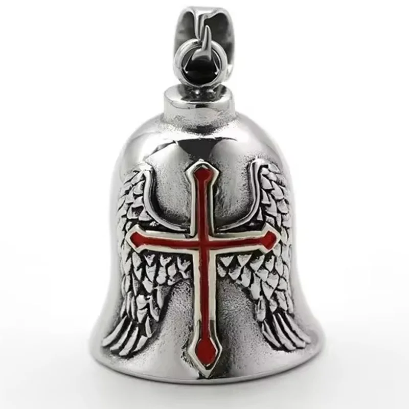 Metall Schutzengel Glocke Schlüsselanhänger Gothic Motorrad Männer Biker Charm Rotes Kreuz Flügel Amulett Anti Evil Lucky Rider Zubehör