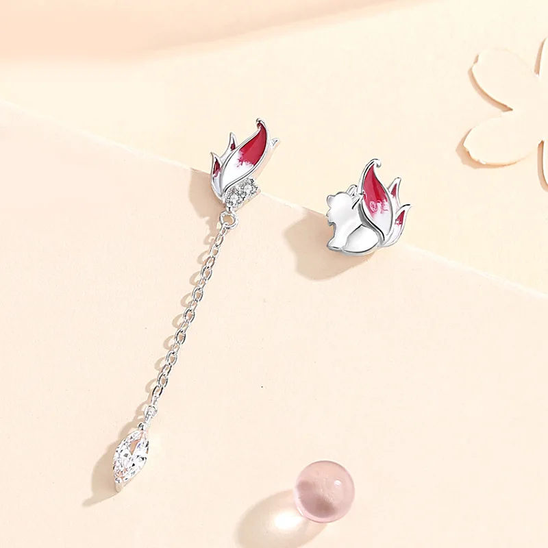 Kleine Fuchs-Ohrringe, süß, einzigartig, weiblich, Silber 925, Schmuck, asymmetrische Persönlichkeit, Quasten-Ohrringe, Wald-Stil, Ohrringe KOFSAC Image