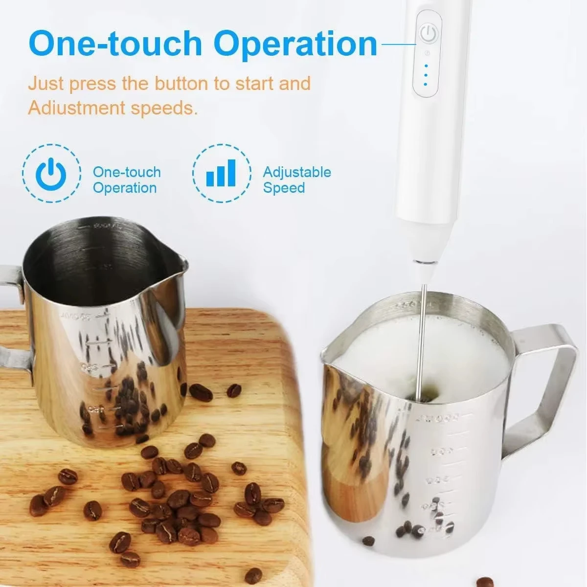 Tragbarer Schaumbereiter. Handgehaltener Milchschaumbereiter mit 3 Geschwindigkeiten. Kaffeemaschine. Elektrischer Mixer. Schneebesen. Küchenmixer Image