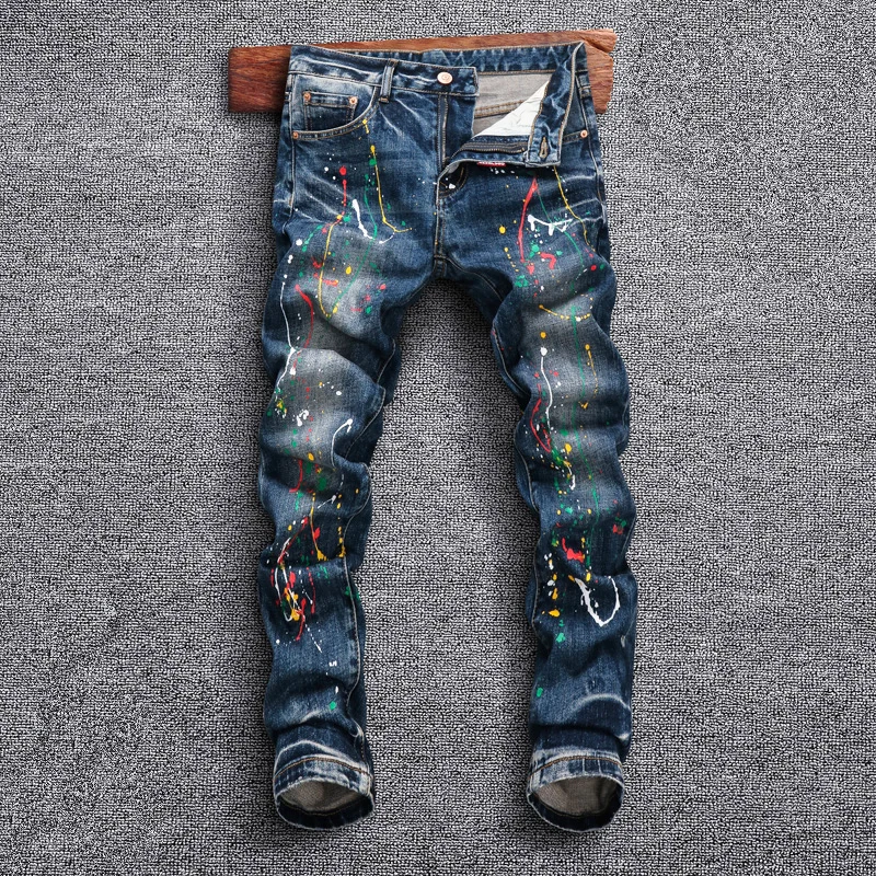 Street Style Mode Männer Jeans Retro Blau Gemalt Designer Slim Fit Zerrissene Jeans Männer Stretch Hosen Hip Hop Denim Hosen hombre