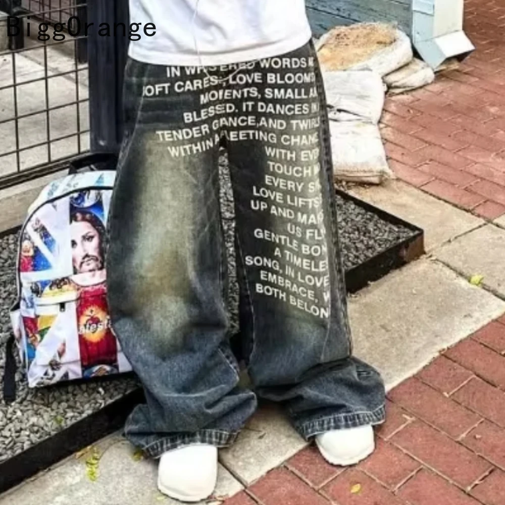 2025 Amerikanische Mode Jeans Brief Druck Muster High Street Casual Breite Beine Y2K männer Retro Gothic Trendy Casual Hosen