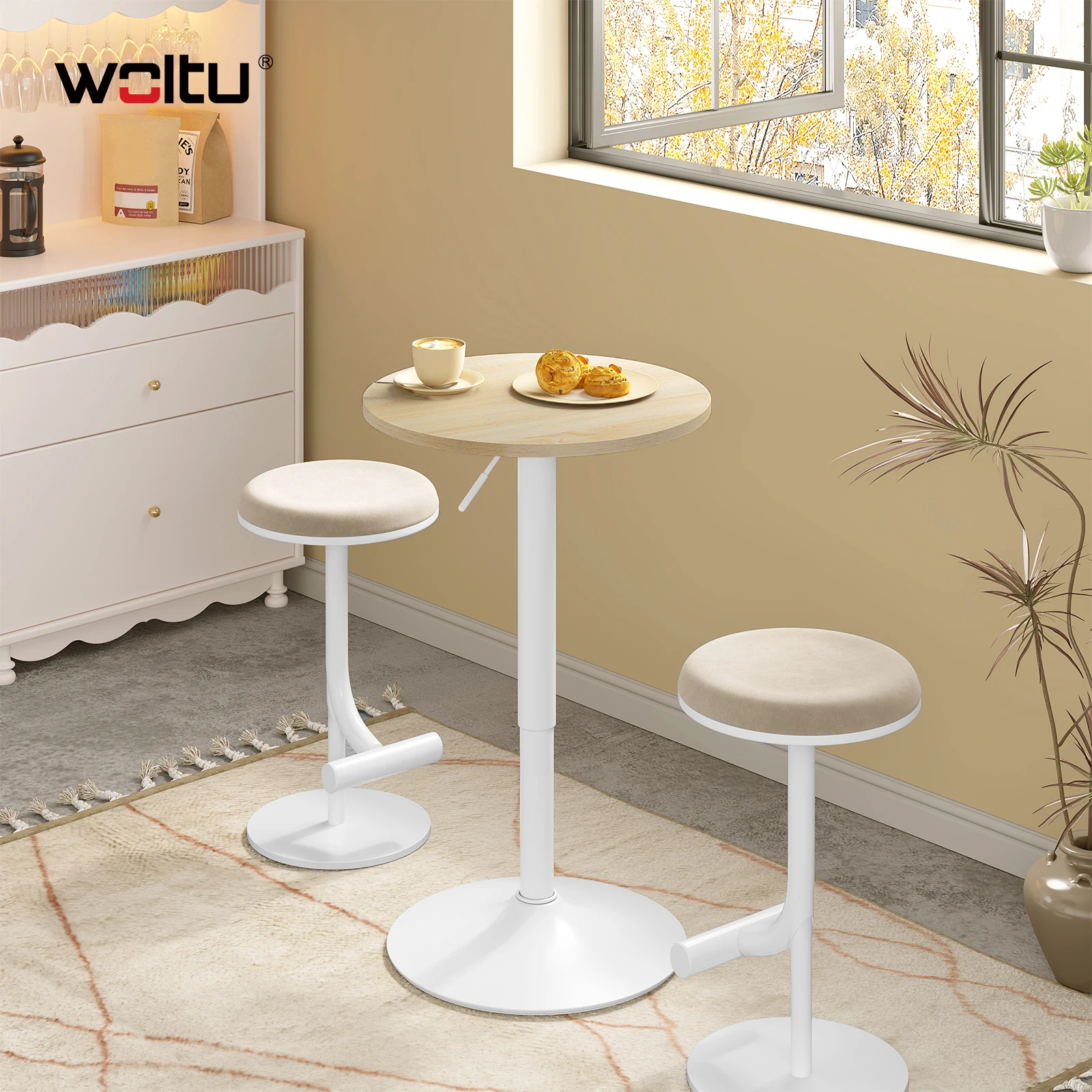 WOLTU 360° ° Drehbarer Bartisch mit runder Tischplatte, höhenverstellbarer kleiner Küchen-Bistrotisch für Balkon, Empfang, Esszimmer