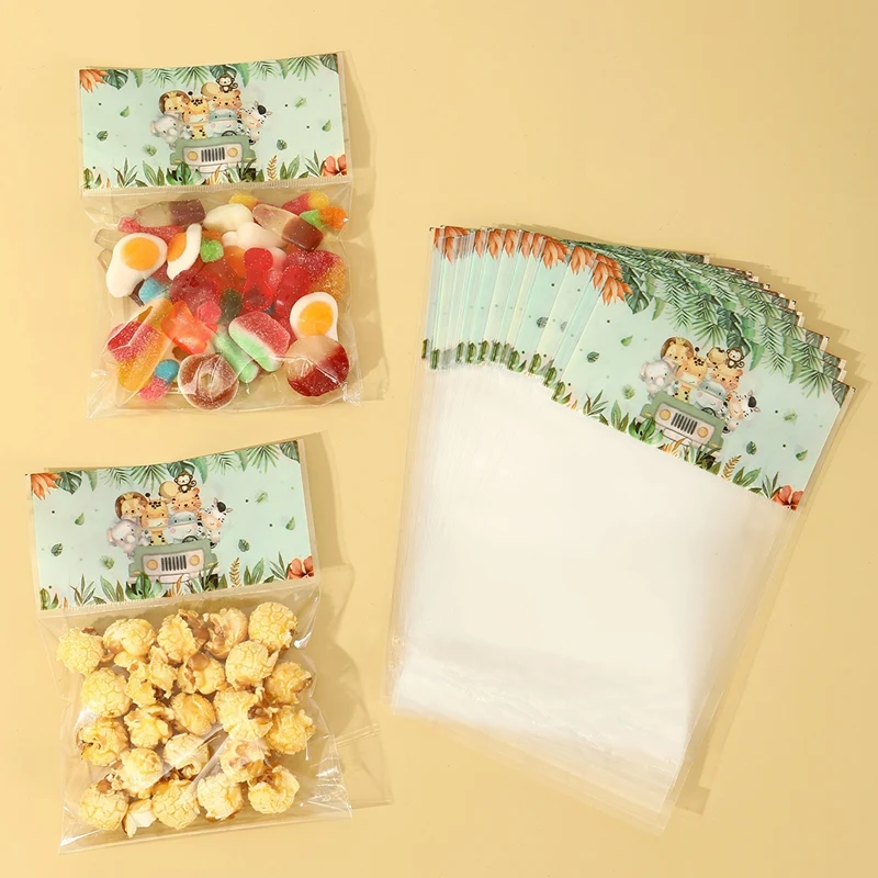 30/50 Stück Dschungeltier-Geschenktüten aus Kunststoff, selbstklebend, für die Dekoration von Erstgeburtstagsfeiern, Verpackungstüten für Schokolade, Snacks und Süßigkeiten Image