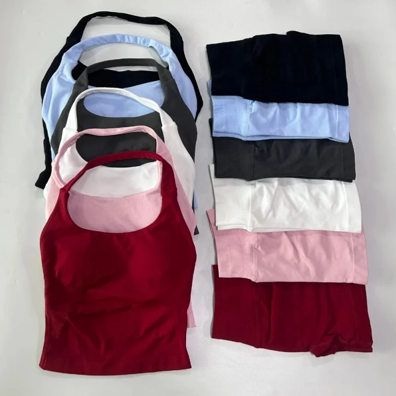Ohne Logo 2-teiliges Sportset Damen Rückenfreie Tanktops Hochgeschnittene Nahtlose Scrunch-Shorts Gym-Set Sportbekleidung Workout-Set Yoga