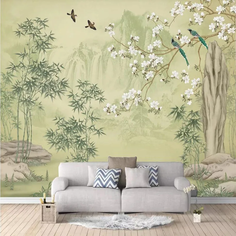 Nach Wandbild Tapete 3D Bambus Wald Magnolia Blumen Und Vögel Klassische Wand Malerei Wohnzimmer Studie Wohnkultur Fresken