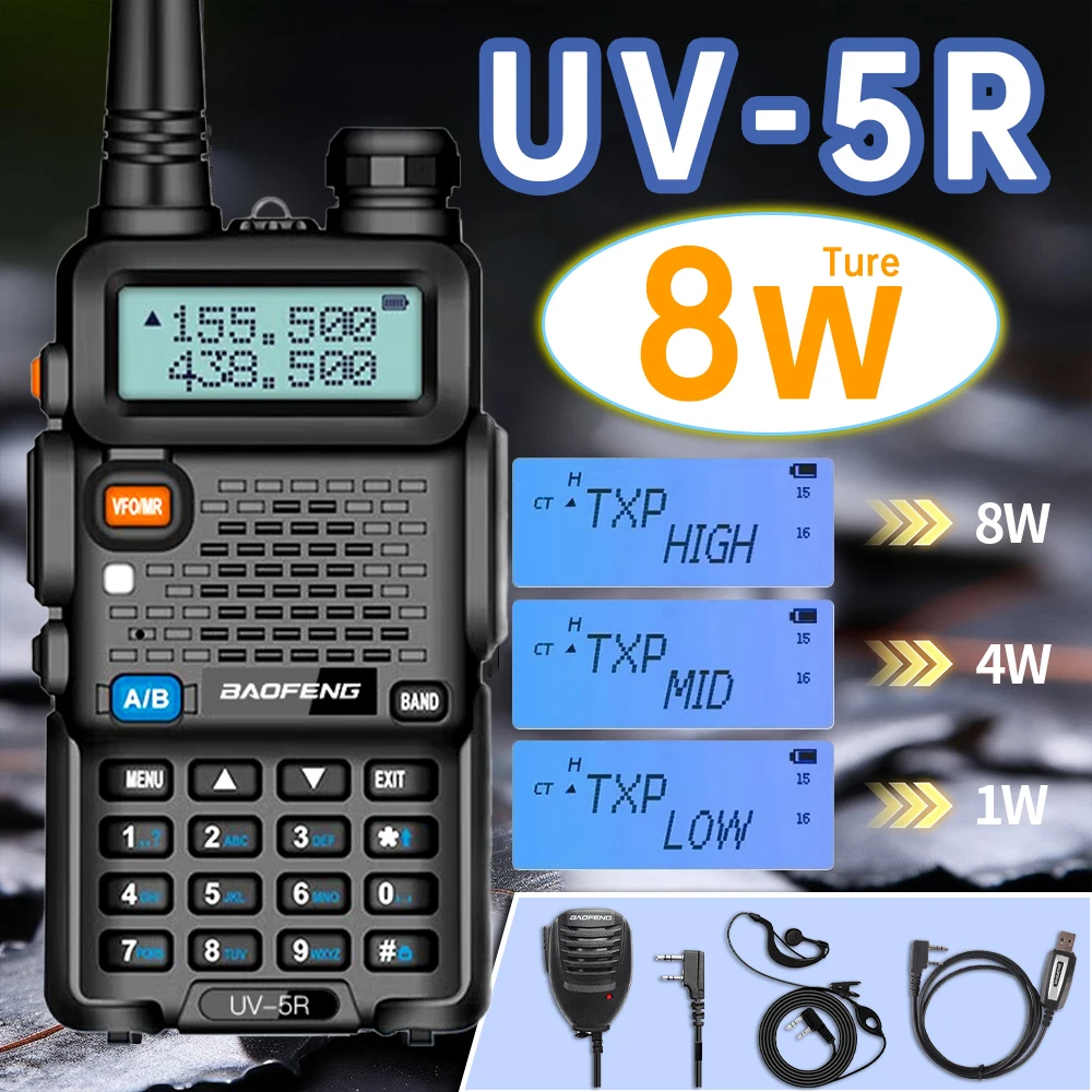 Baofeng uv5r 8W Tri-Power Walkie Talkie 5W High Power UHF VHF Dual Band zwei-wege radio Fern 128CH Handheld UV 5R cb radi Image