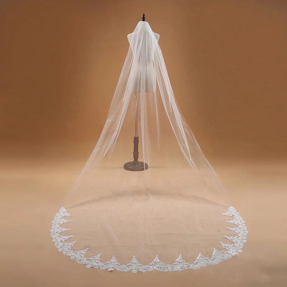 Voile Mariage 3M Eine Schicht Spitze Rand Weiß Elfenbein Kathedrale Hochzeit Schleier Lange Braut Schleier Günstige Hochzeit Zubehör Veu de Noiva Image