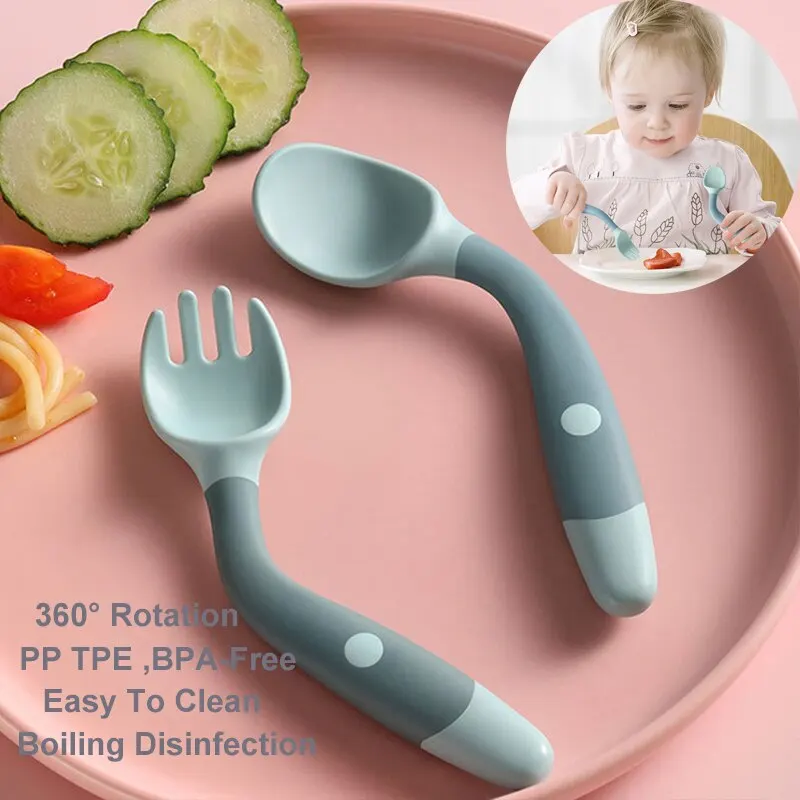 Selbsternährendes Baby-Löffel-Set, 2-teilig, 360-Grad-Anti-Drop-Silikon-Trainingslöffel + Gabel für Kleinkinder im Alter von 6–24 Monaten, BPA-frei Image