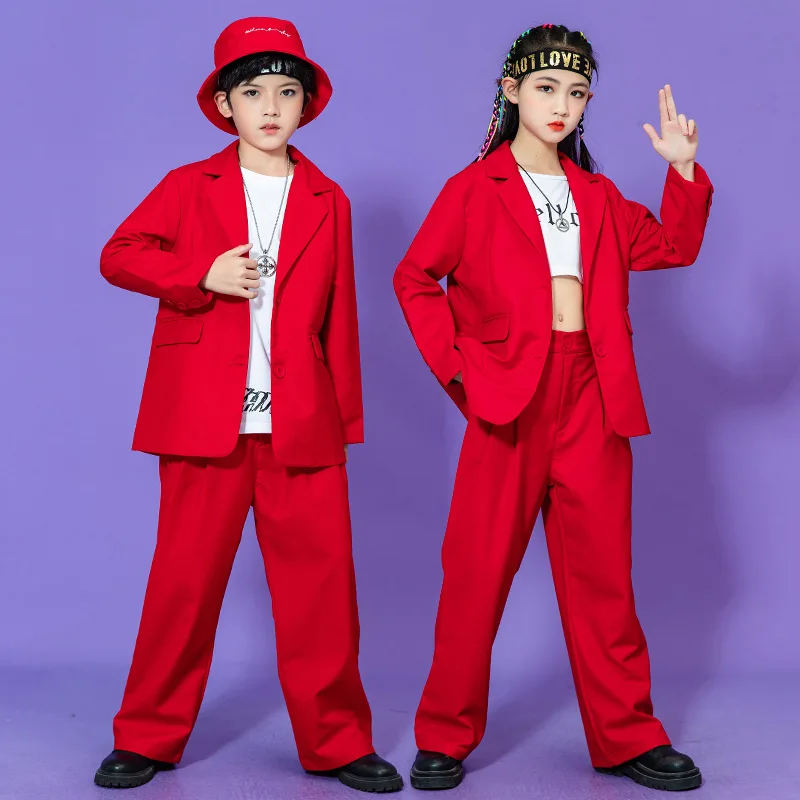 Teen Jungen Mädchen Hip Hop Tanz Anzug Set Trend Rot Leistung Blazer Hosen 2-stück Schule Kinder Jazz Show Kostüm kind Streetwear