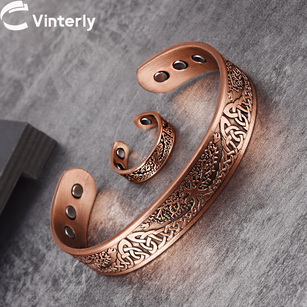 Magnetisches Schmuckset aus reinem Kupfer, Yggdrasil, verstellbares Vintage-Armband, Ring, größenverstellbar, Gesundheit, Wikinger-Schmuckset für Damen und Herren Image