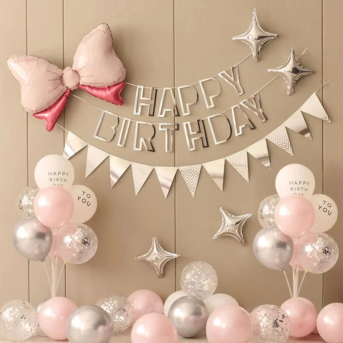 36-teiliges einfaches Geburtstags-Ballon-Party-Set in Rosa und Silber, rosa Schleife und ausgehöhlte Papierflagge, Dekoration Image