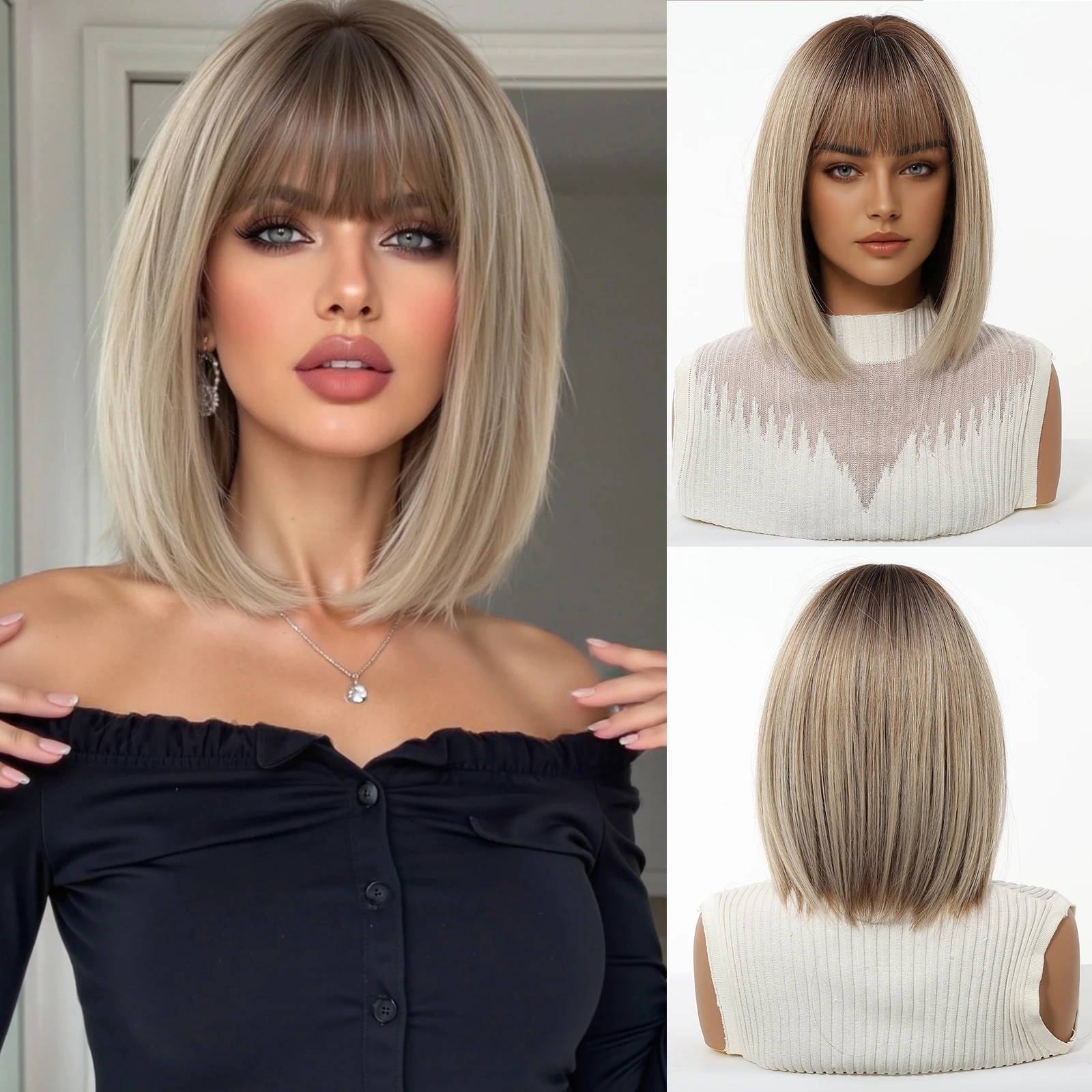ALAN EATON Kurze Ombre-Platinblonde synthetische Perücke für Frauen, natürliche gerade Bob-Perücken mit Pony, Party, Alltag, hitzebeständig Image