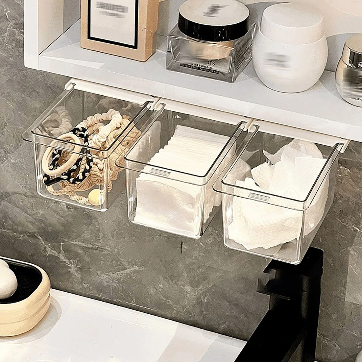 Transparente Badezimmer-Aufbewahrungsbox aus Baumwolle mit ausziehbarer Aufbewahrungsbox aus Baumwolle für Make-up-Baumwolle im Badezimmer-Stil unter dem Spiegelschrank