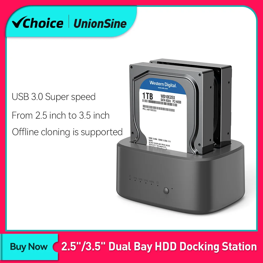 Unionsine dual bay hdd docking station mit offline clone sata zu usb 3,0 hdd clone docking station für 2.5/3.5 ''ssd hdd hülle Image