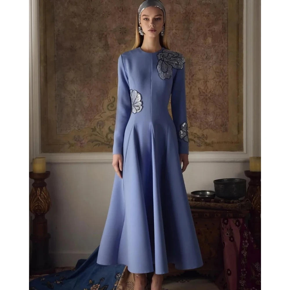 Modisches Abendkleid, maßgeschneidert, Jersey-Blumen-Pailletten, A-Linie, Ballkleider, O-Ausschnitt, lange Ärmel, knöchellange Partykleider Image