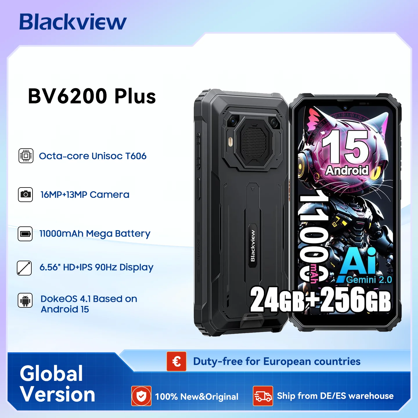 Blackview BV6200 Plus Robustes Smartphone Octa-Core T606, 8GB + 256GB, Android 15 Outdoor-Handy, 6,56 Zoll 90Hz, 11000mAh Image