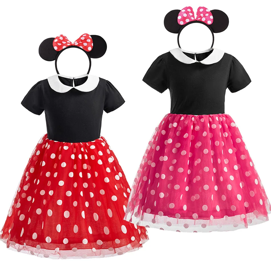 Kinder Casual Kleidung Sommer Kurzarm Punkte Mädchen Kleid Kinder Peter Pan Kragen Nette Geburtstag Kostüm mit Maus Ohr Stirnband