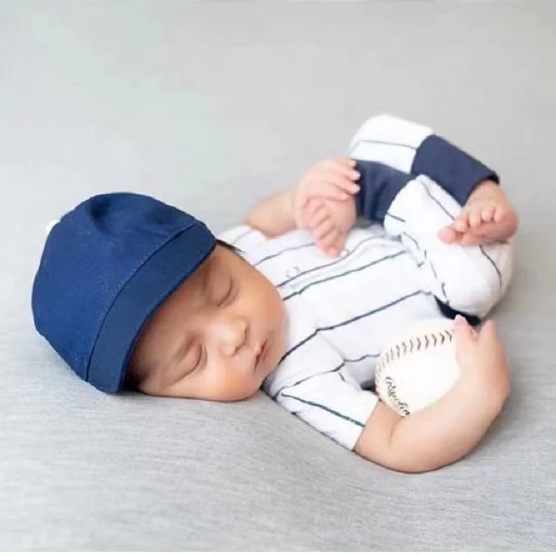 Neugeborene Fotografie Requisiten Baby Outfits Overall Set Baseball Hut Baby Studio Shooting Foto Zubehör Kleidung Image