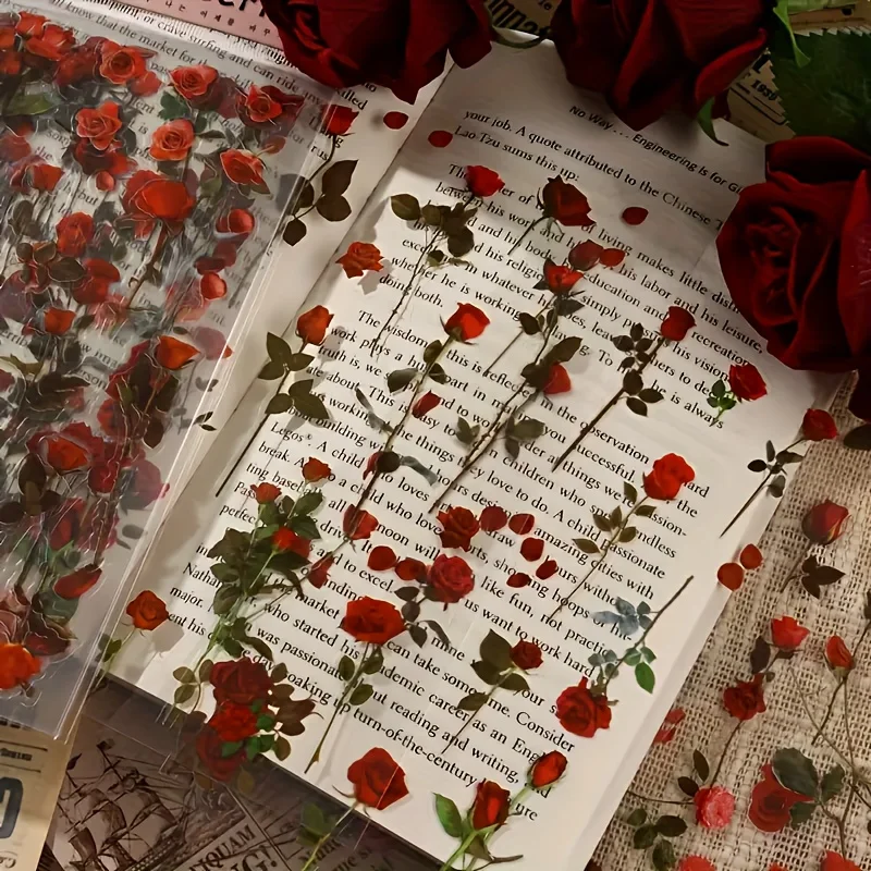 6 Stück/Packung Rote Rose Blume PET Aufkleber Dekorative Scrapbooking Collage Junk Journal Supplies Tagebuch Album Handwerk Karte DIY Label Image