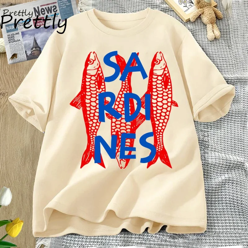 Sardinen Graphic Tee Trendy Fisch T-shirt Casual Kurzarm Baumwolle T Shirt Streetwear Rundhals T-shirt Streetwear Cool T-shirts