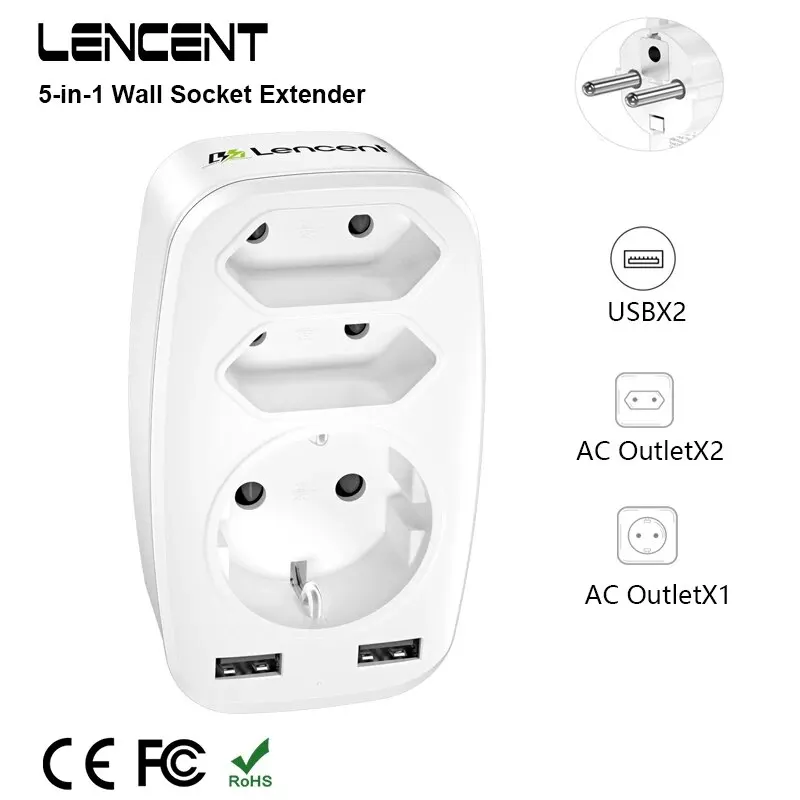 LENCENT EU-Stecker-Wandsteckdosen-Extender, USB-Ladegerät mit 3 AC-Steckdosen + 2 USB-Anschlüssen, 4000 W, Multi-Steckdosen-Adapter für Zuhause/Büro Image