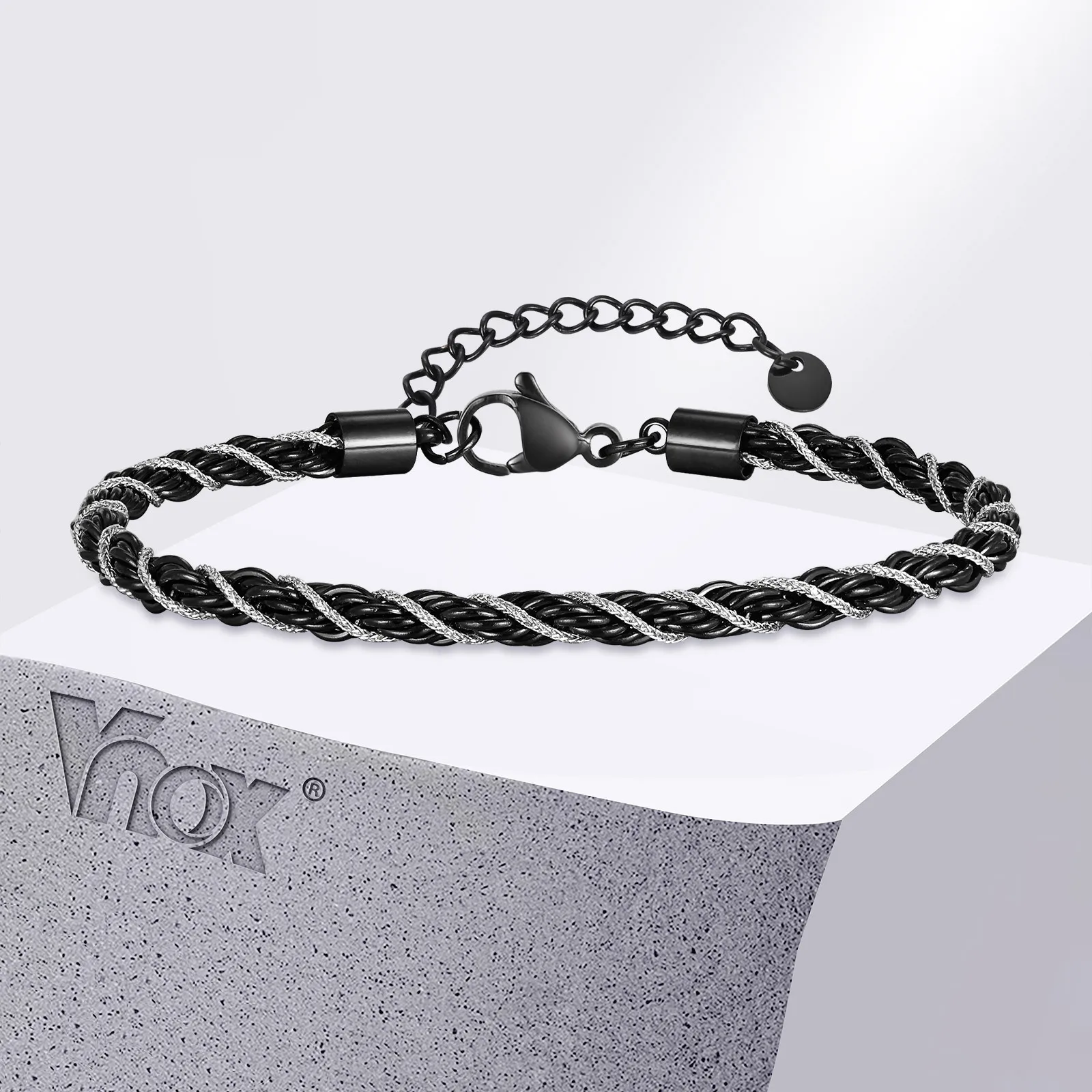 Vnox Neue Mode Schwarz Silber Farbe Edelstahl Twisted Rope Kette Armbänder, Einfache Punk Rock Armband Schmuck