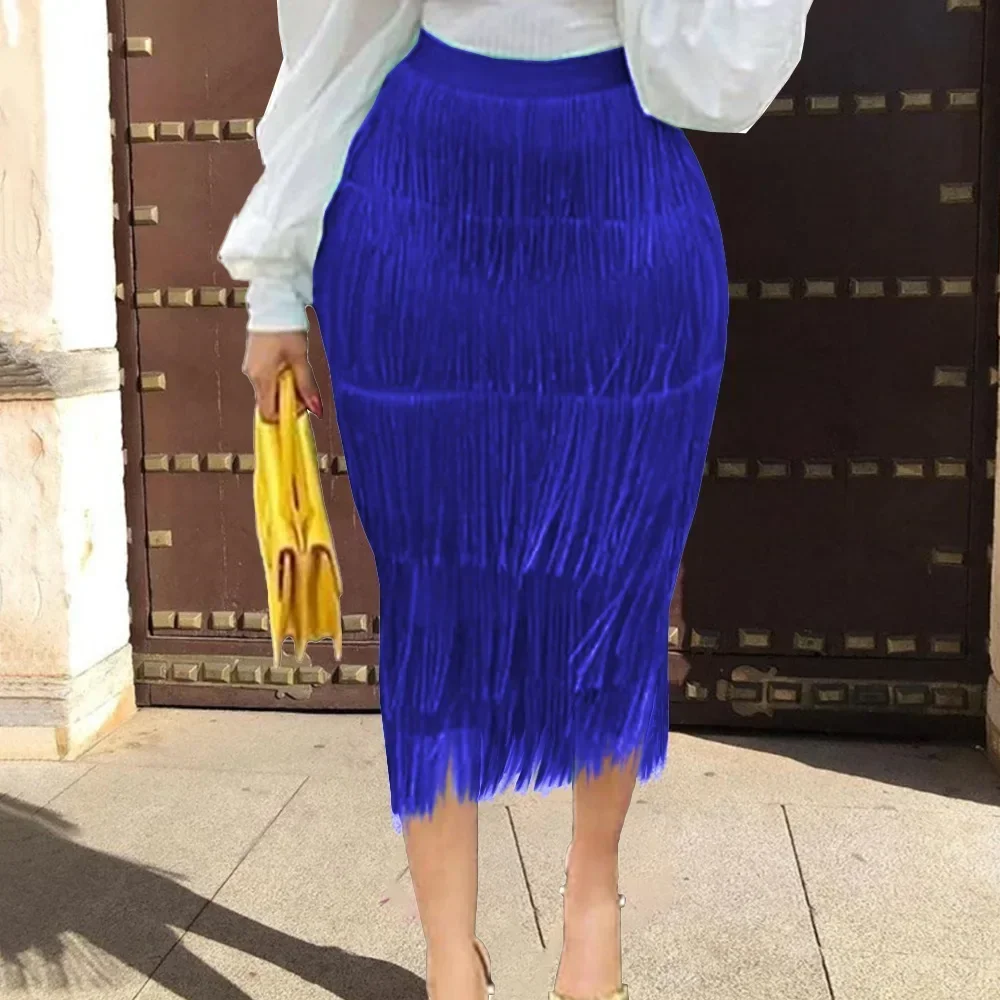 Grün Patchwork Quaste Frauen Rock Hohe Taille Bodycon Midi Roben Plus Größe Elastische Röcke Afrika Damen Schlank Röcke