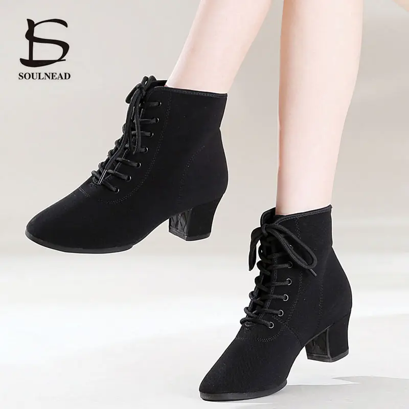 High Top Latin Dance Schuhe Frauen Schwarz Salsa Jazz Tanzen Stiefel Schuh Ferse 3,5 cm 5 cm Outdoor Erwachsene Frau ballroom Dance Turnschuhe