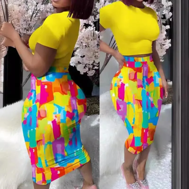 Farbe Drucken Schlanke Röcke Zwei Stück Set Frauen Mode Bodycon Kurze T-shirt Hohe Taille Paket Hüfte Rock 2-stück Sets Streetwear Image