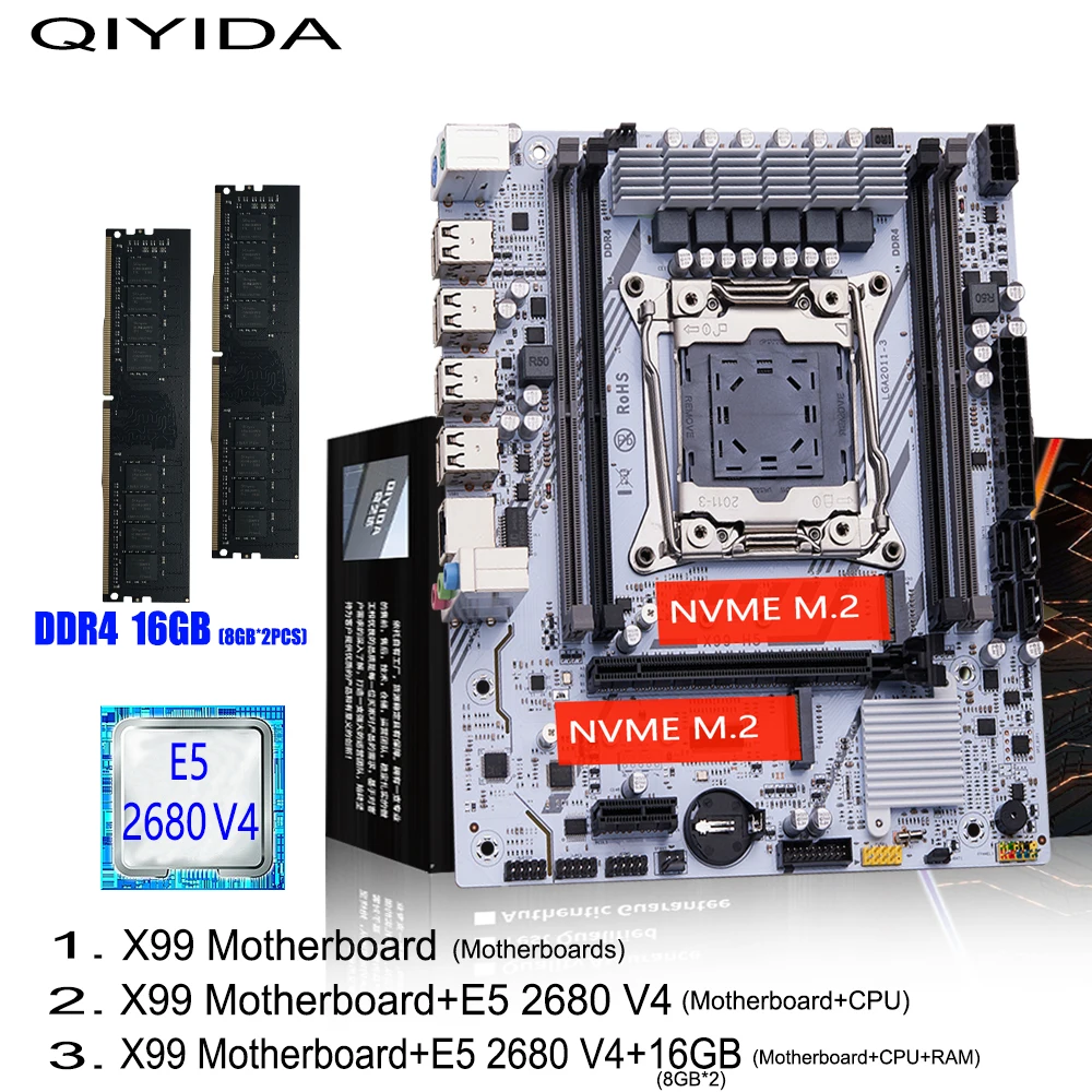 QIYIDA X99 Motherboard Set Kit LGA2011-3 Xeon E5 2680 V4 DDR4 16 GB (2 x 8 GB) PC4 SATA PCI16x3.0 NVME M.2 Gaming-Computer Image
