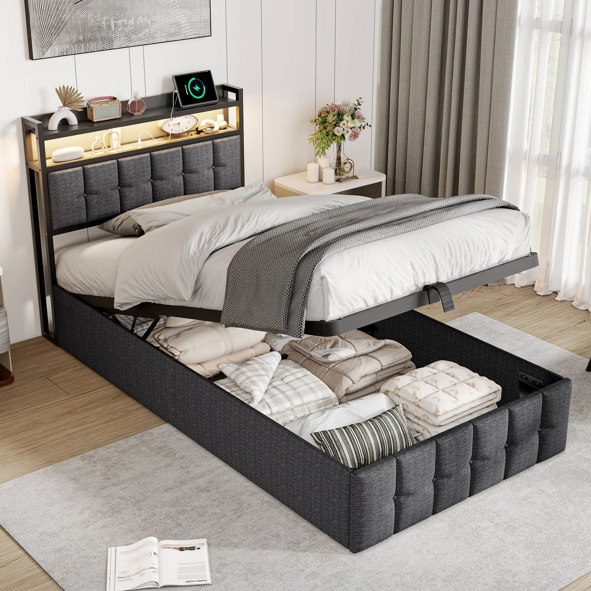 Rosahqnda Einzelbett 90x200 cm, Kinderpolsterbett, Stauraumbett, Jugendbett, hautfreundliches Leinen, Holzstreifen Image