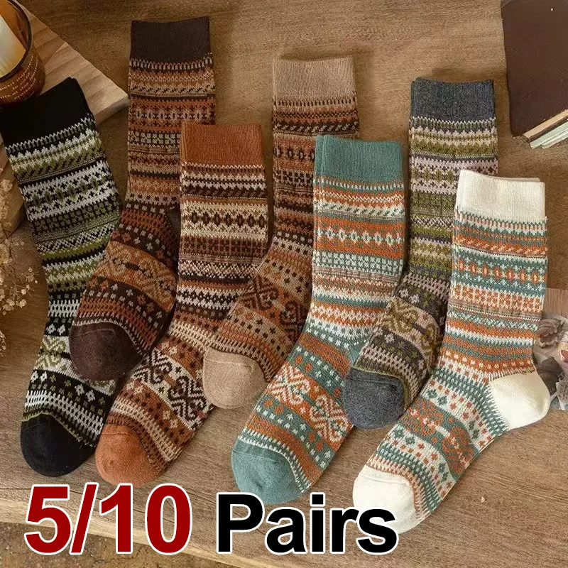 5/10 Pairs Herbst/Winter Retro Muster Frauen Rundhals Socken Warme Bequeme Ethnische Stil Outdoor Modische Casual Socken Image