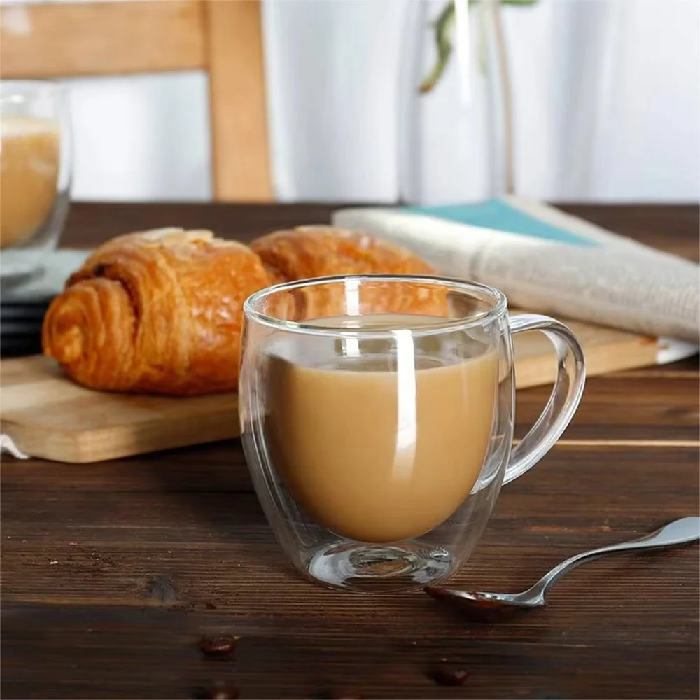 250 ml doppelwandige Kaffeetassen aus Glas, isolierte Kaffeetassen aus Borosilikatglas mit Griff für Cappuccino, Latte, Tee, heiß/kalt Image