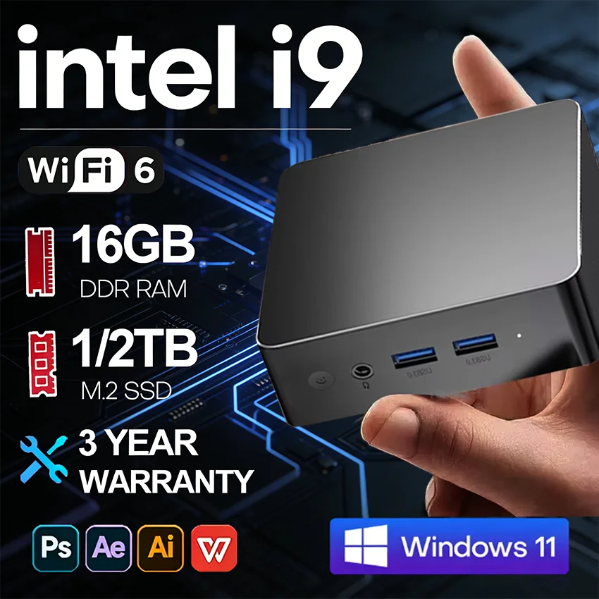 2026 Mini-PC Windows 11 Intel Core i9 8950HK Tragbarer Desktop-PC 16GB DDR4 1TB 2TB SSD Gaming-Computer Büro-PC