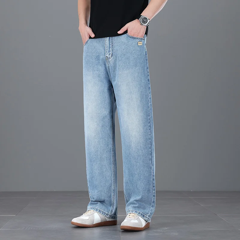 2026 Neue Koreanische Herren Casual Lange Jeans Klassische Loose Straight Denim Weite Hosen Einfarbig Hellblau Schwarz Grau