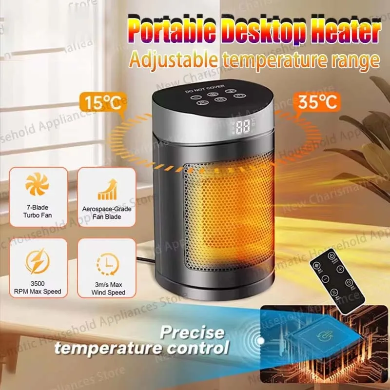 Neuer 6-in-1 Tischheizer für Zuhause mit Fernbedienung, Timer, 1500W PTC Keramik-Elektroheizung, 2s Schnellheizung, Leiser Heizer, Energiesparend Image