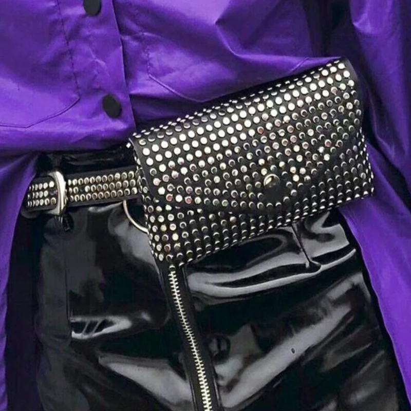 Neue Mode Vielseitige Handy Kleine Waistpack Punk Stil Niet Schwarz Gürtel Stil Tasche frauen Feine Gürtel Dekoration
